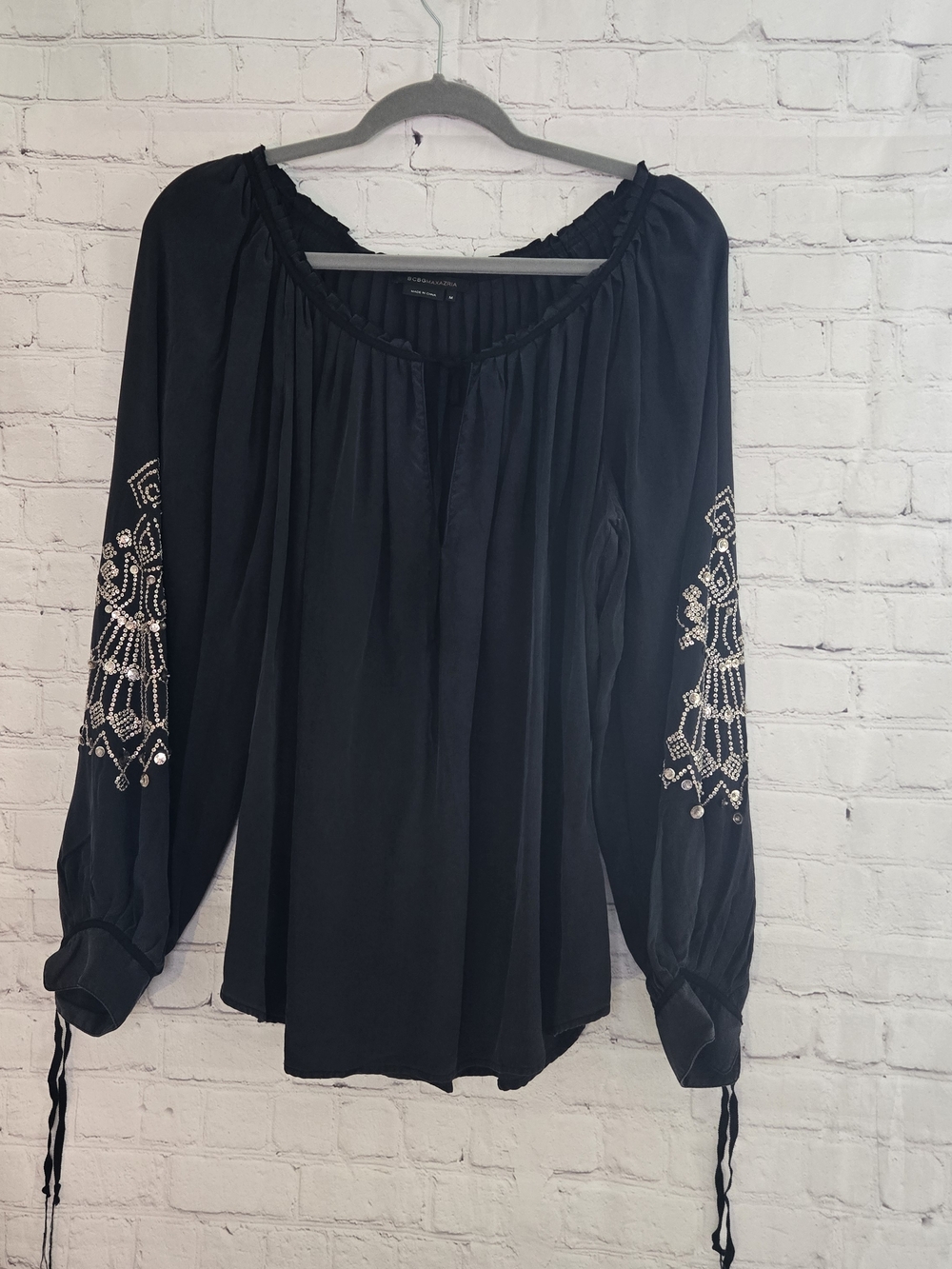 BCBGMaxazaria 100% Silk Sequin Embelshed Sleeve Poet Blouse Gothic Western M
